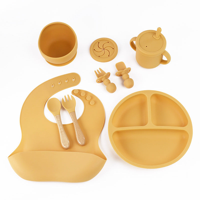 Yellow 8-Piece Silicone Children's Tableware Set - BPA-Free Baby Feeding Utensils with Wooden Fork and Spoon, Cup, Bowl,