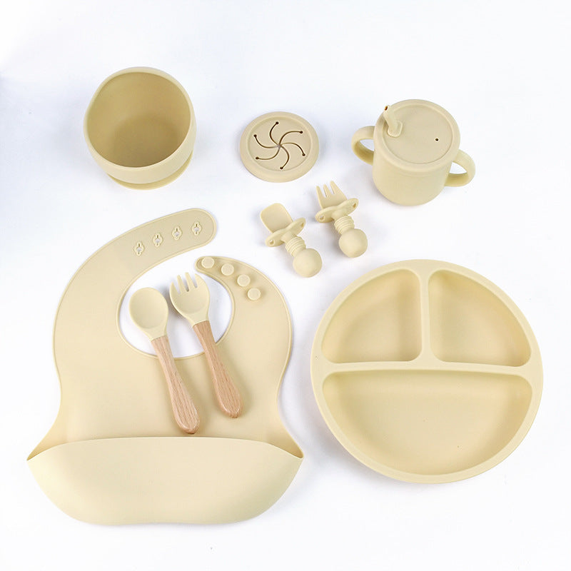 Beige 8-Piece Silicone Children's Tableware Set - BPA-Free Baby Feeding Utensils with Wooden Fork and Spoon, Cup, Bowl, 