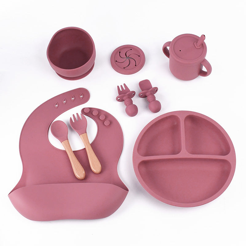 Rose Red 8-Piece Silicone Children's Tableware Set - BPA-Free Baby Feeding Utensils with Wooden Fork and Spoon, Cup, Bow