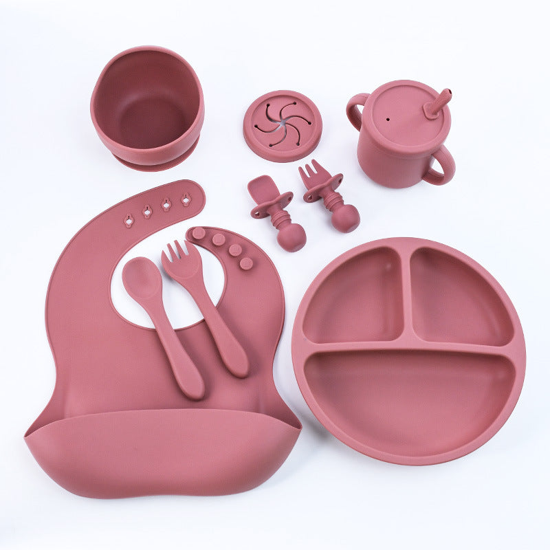 Rose Red 8-Piece Silicone Children's Tableware Set - BPA-Free Baby Feeding Utensils with Fork, Spoon, Cup, Bowl, and Bib