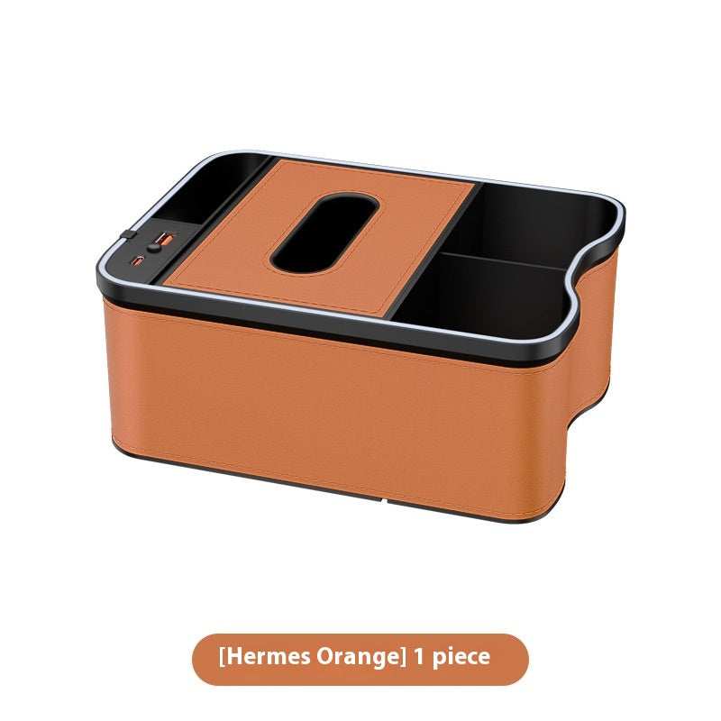 Mermes Orange Car Armrest Storage Box with LED Ambient Light - Multifunctional Tissue Holder & Organizer for Car Interio