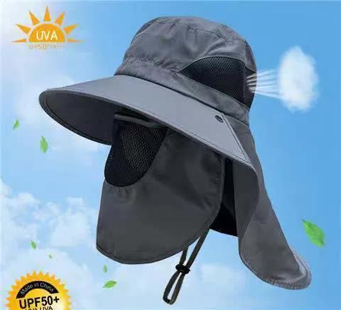 Dark Grey Outdoor UV Protection Hat for Men â€“ Detachable Face & Neck Shield, Large Brim Sun Hat for Fishing, Hiking, a