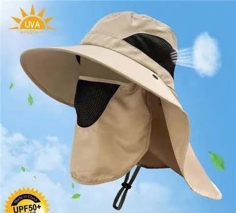 khaki Outdoor UV Protection Hat for Men - Detachable Face & Neck Shield, Large Brim Sun Hat for Fishing, Hiking, and Out