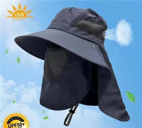 Navy Blue Outdoor UV Protection Hat for Men - Detachable Face & Neck Shield, Large Brim Sun Hat for Fishing, Hiking, and
