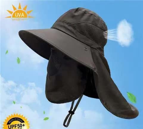 Black Outdoor UV Protection Hat for Men - Detachable Face & Neck Shield, Large Brim Sun Hat for Fishing, Hiking, and Out