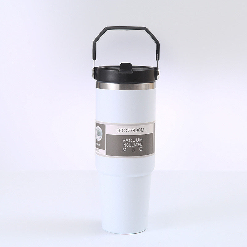 White 30oz 304 Stainless Steel Ice Cup with Handle - Portable Car and Travel Cup, Double Insulated, for Hot & Cold Drink