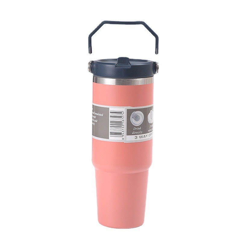 Orange-pink 30oz 304 Stainless Steel Ice Cup with Handle - Portable Car and Travel Cup, Double Insulated, for Hot & Cold