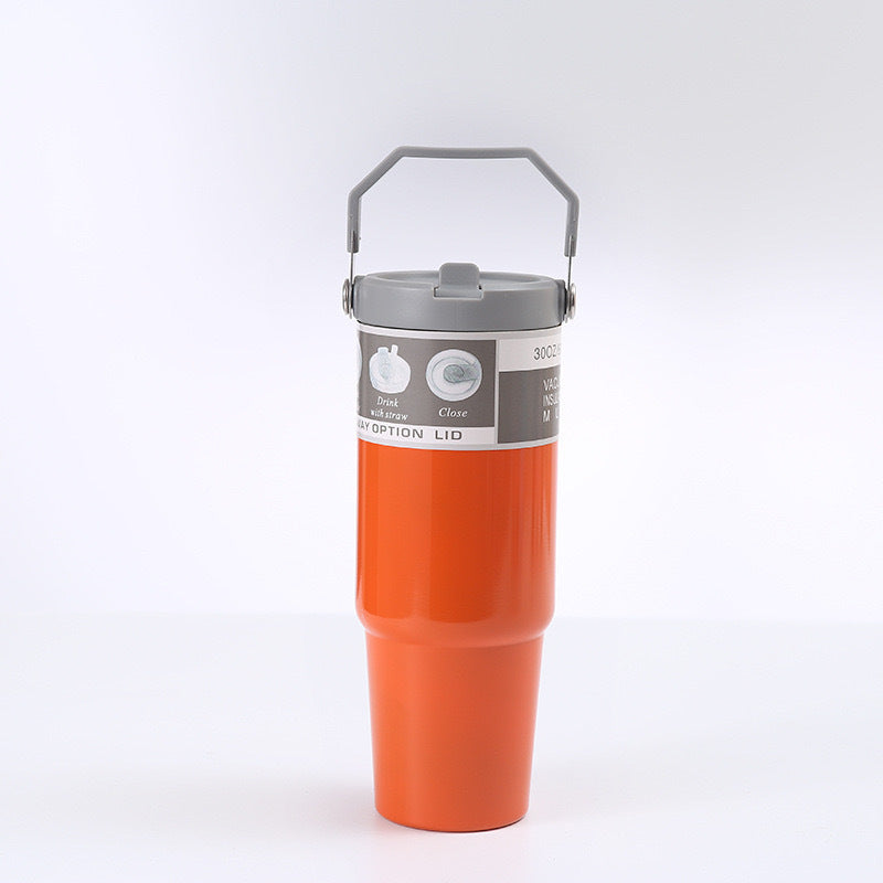 Orange 30oz 304 Stainless Steel Ice Cup with Handle - Portable Car and Travel Cup, Double Insulated, for Hot & Cold Drin