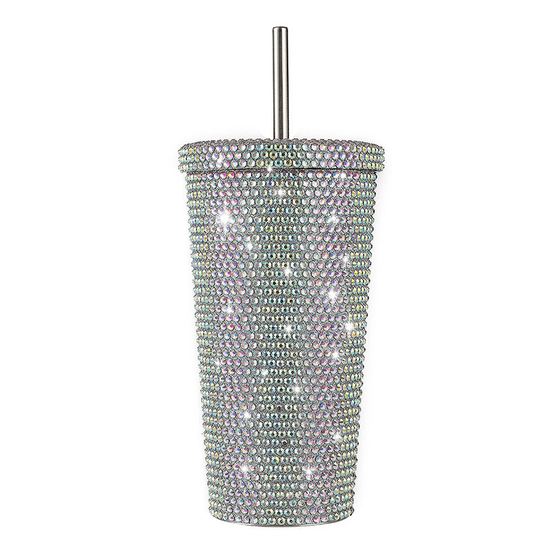 Diamond-Inlaid Insulated 304 Stainless Steel Cup with Straw - Double-Walled, Rhinestone Coffee Mug, Gift Cup for Beverag