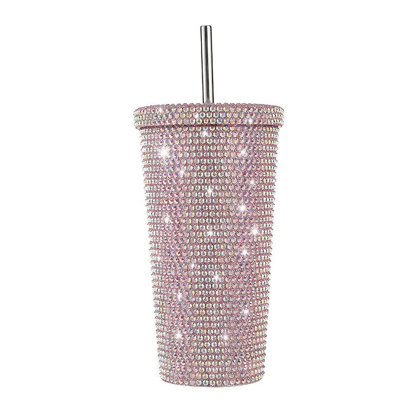 Pink Diamond-Inlaid Insulated 304 Stainless Steel Cup with Straw - Double-Walled, Rhinestone Coffee Mug, Gift Cup for Be