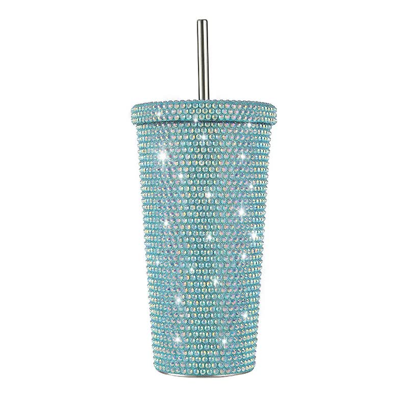 Blue Diamond-Inlaid Insulated 304 Stainless Steel Cup with Straw - Double-Walled, Rhinestone Coffee Mug, Gift Cup for Be