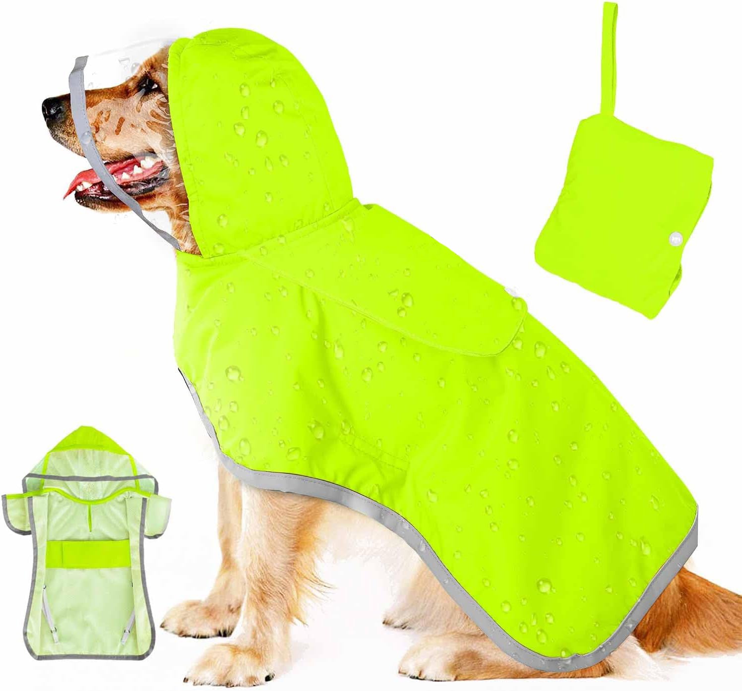 L Green Reflective Adjustable Pet Raincoat with Hood - Waterproof Dog Jacket, Adjustable Dog Poncho for Outdoor Protecti