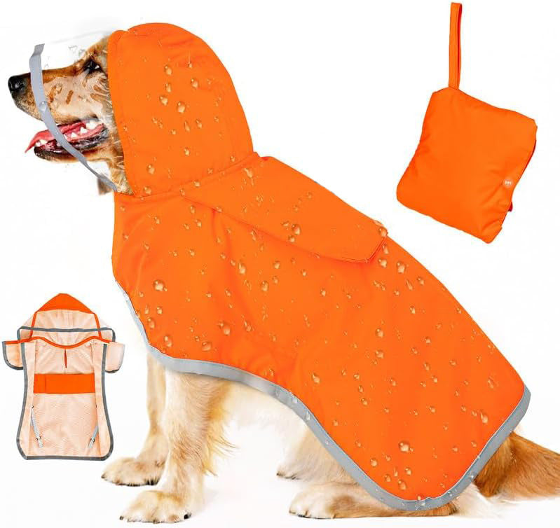 M Orange Reflective Adjustable Pet Raincoat with Hood - Waterproof Dog Jacket, Adjustable Dog Poncho for Outdoor Protect