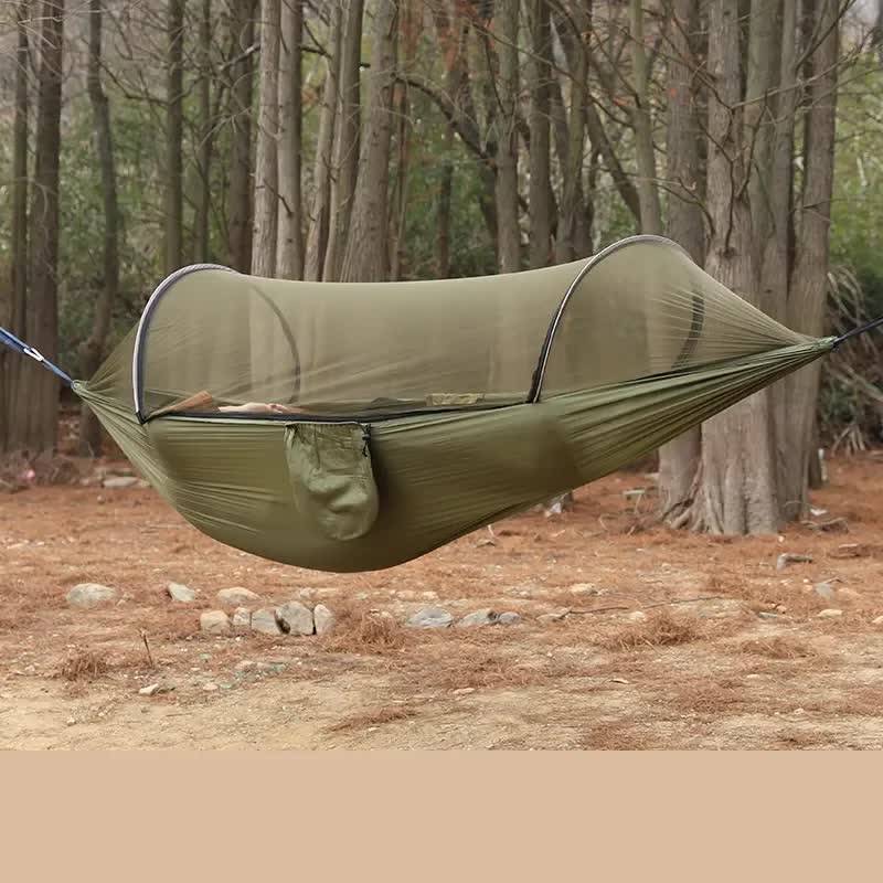 Military Green Outdoor Camping Hammock with Mosquito Net, Anti-Tip Nylon Fabric, Single/Double Person Quick-Setup Hammoc