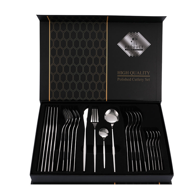 Silver Color Premium 24-Piece Stainless Steel Cutlery Set â€“ Elegant Golden Steak Knife, Fork, and Spoon Set in Luxury 