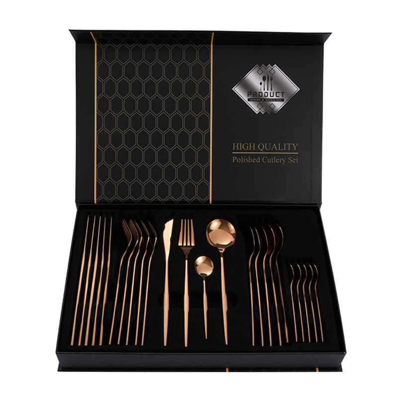 Rose Gold Color Premium 24-Piece Stainless Steel Cutlery Set - Elegant Golden Steak Knife, Fork, and Spoon Set in Luxury