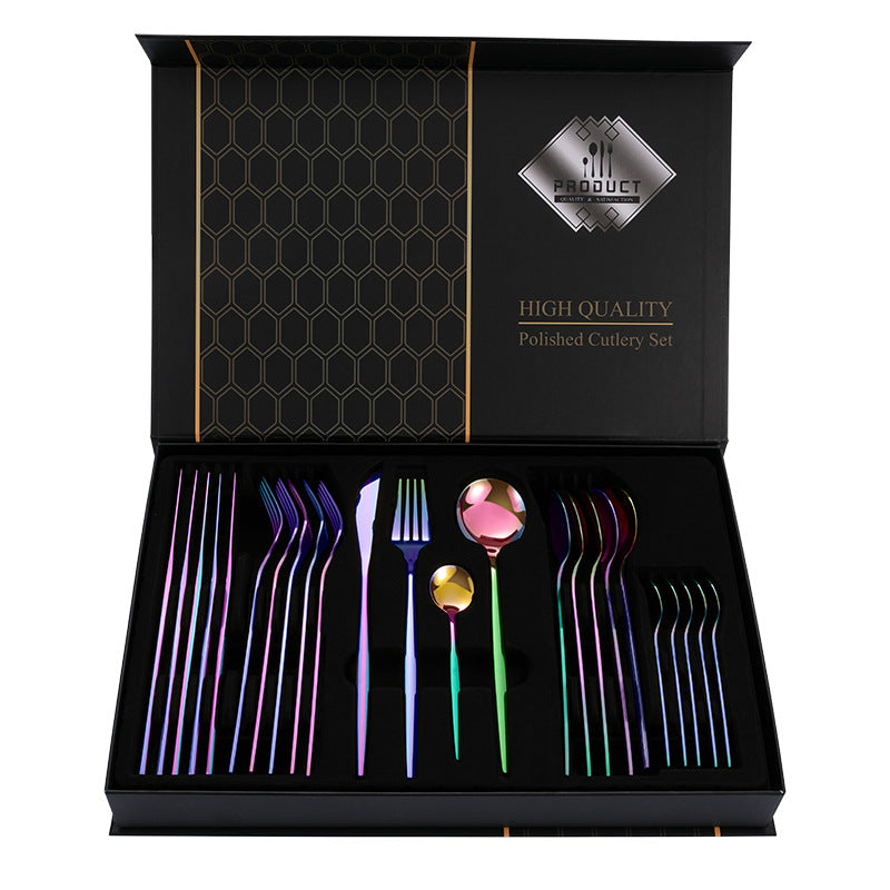 Colorful Color Premium 24-Piece Stainless Steel Cutlery Set - Elegant Golden Steak Knife, Fork, and Spoon Set in Luxury 