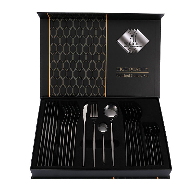 Black Color Premium 24-Piece Stainless Steel Cutlery Set - Elegant Golden Steak Knife, Fork, and Spoon Set in Luxury Gif