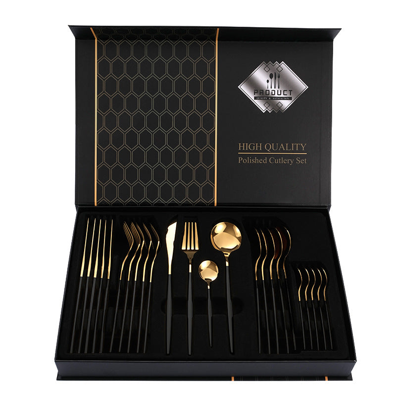 Black Gold Color Premium 24-Piece Stainless Steel Cutlery Set - Elegant Golden Steak Knife, Fork, and Spoon Set in Luxur