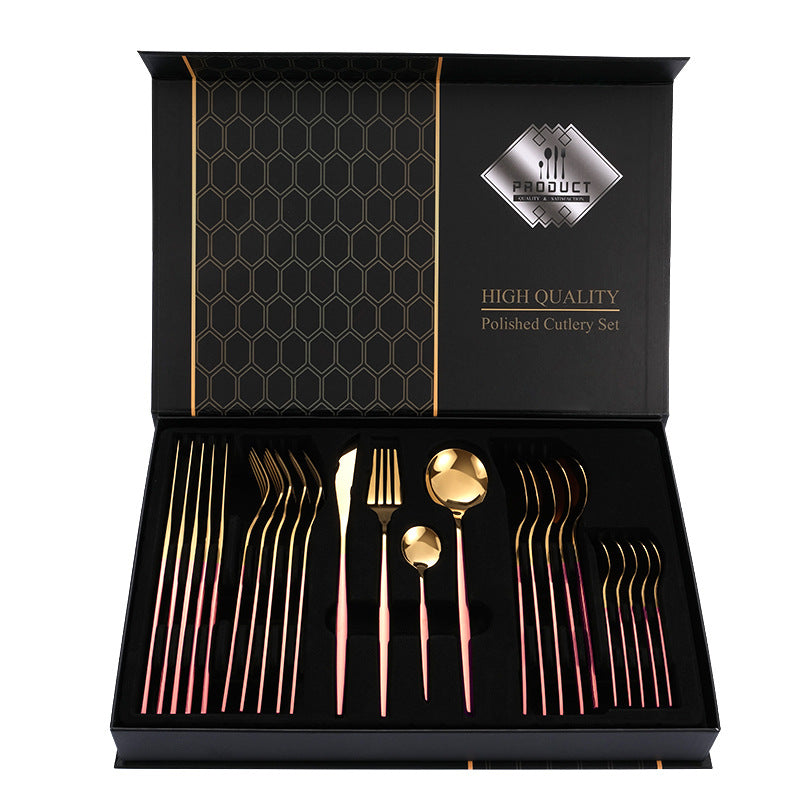 Pink Gold Color Premium 24-Piece Stainless Steel Cutlery Set - Elegant Golden Steak Knife, Fork, and Spoon Set in Luxury