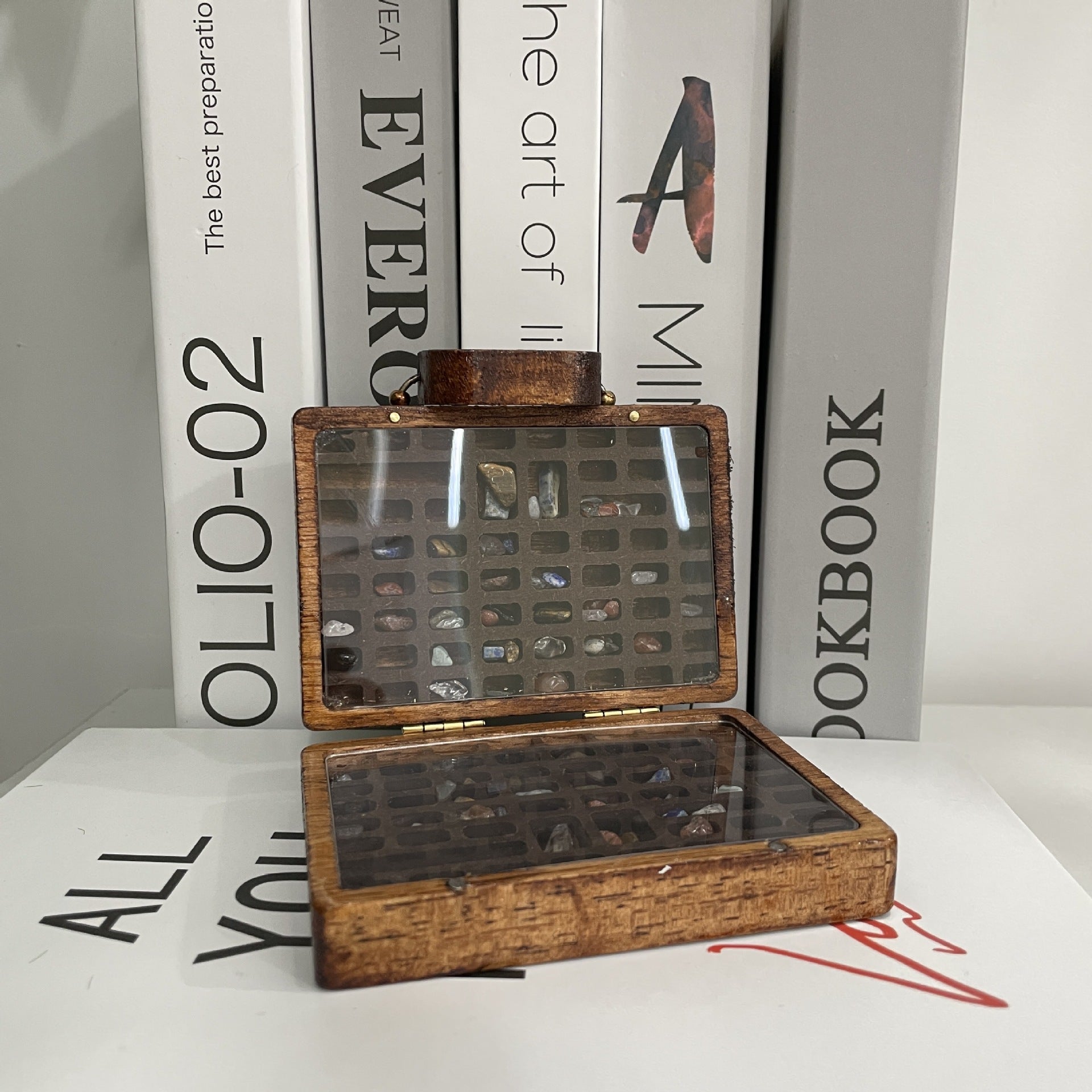 Brown Vintage Wooden Display Box â€“ Glass Lid Organizer for Rocks, Jewelry, and Collectibles