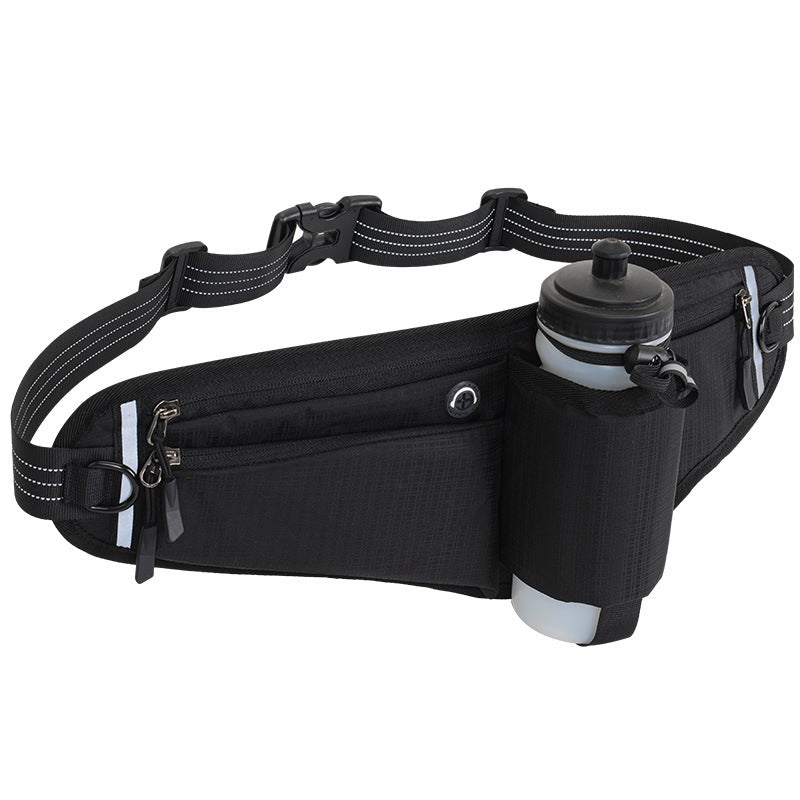 Black Adjustable Running Waist Pack with Water Bottle Holder, Reflective Design, and Multiple Storage Pockets for Outdoo