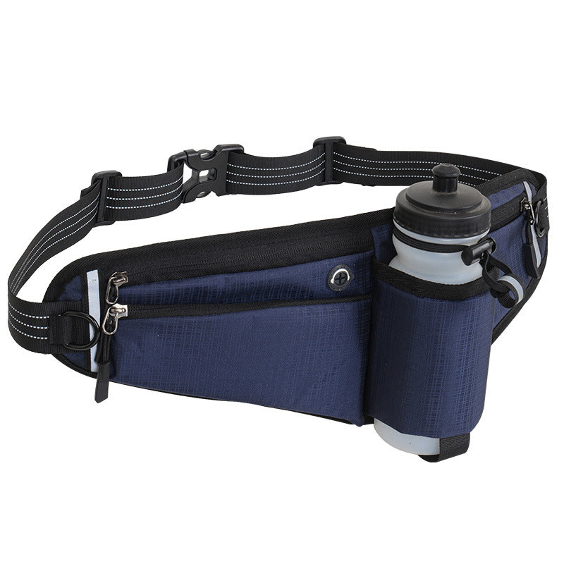 Dark Blue Adjustable Running Waist Pack with Water Bottle Holder, Reflective Design, and Multiple Storage Pockets for Ou