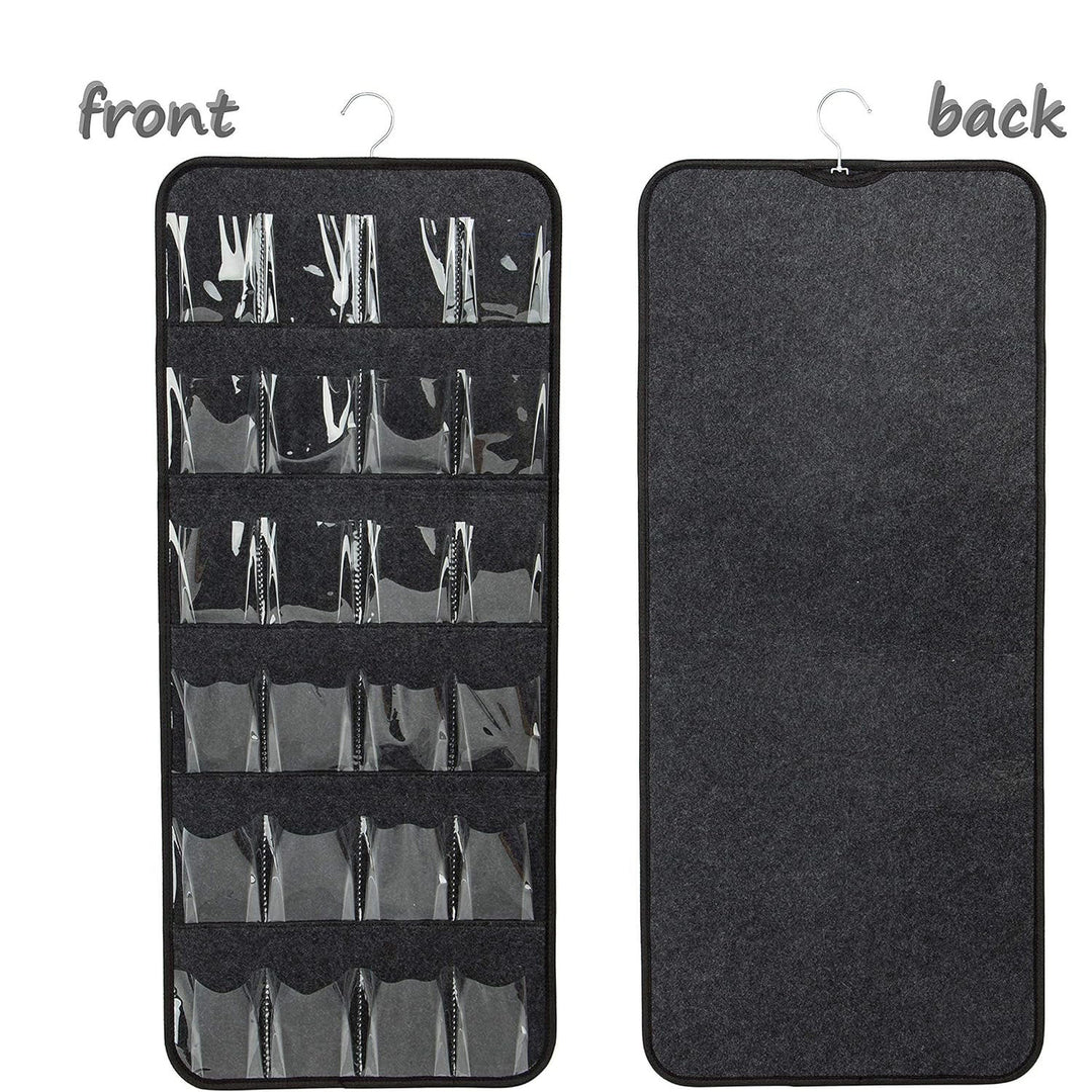 Dark Grey Hanging Felt Shoe Organizer with 24 Clear Pockets - Anti-Rust Metal Hanger Included, Perfect for Shoes, Toys, 