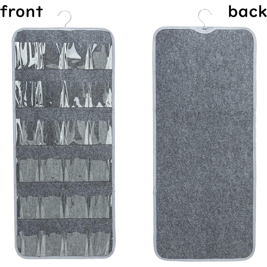 Grey Hanging Felt Shoe Organizer with 24 Clear Pockets - Anti-Rust Metal Hanger Included, Perfect for Shoes, Toys, and A
