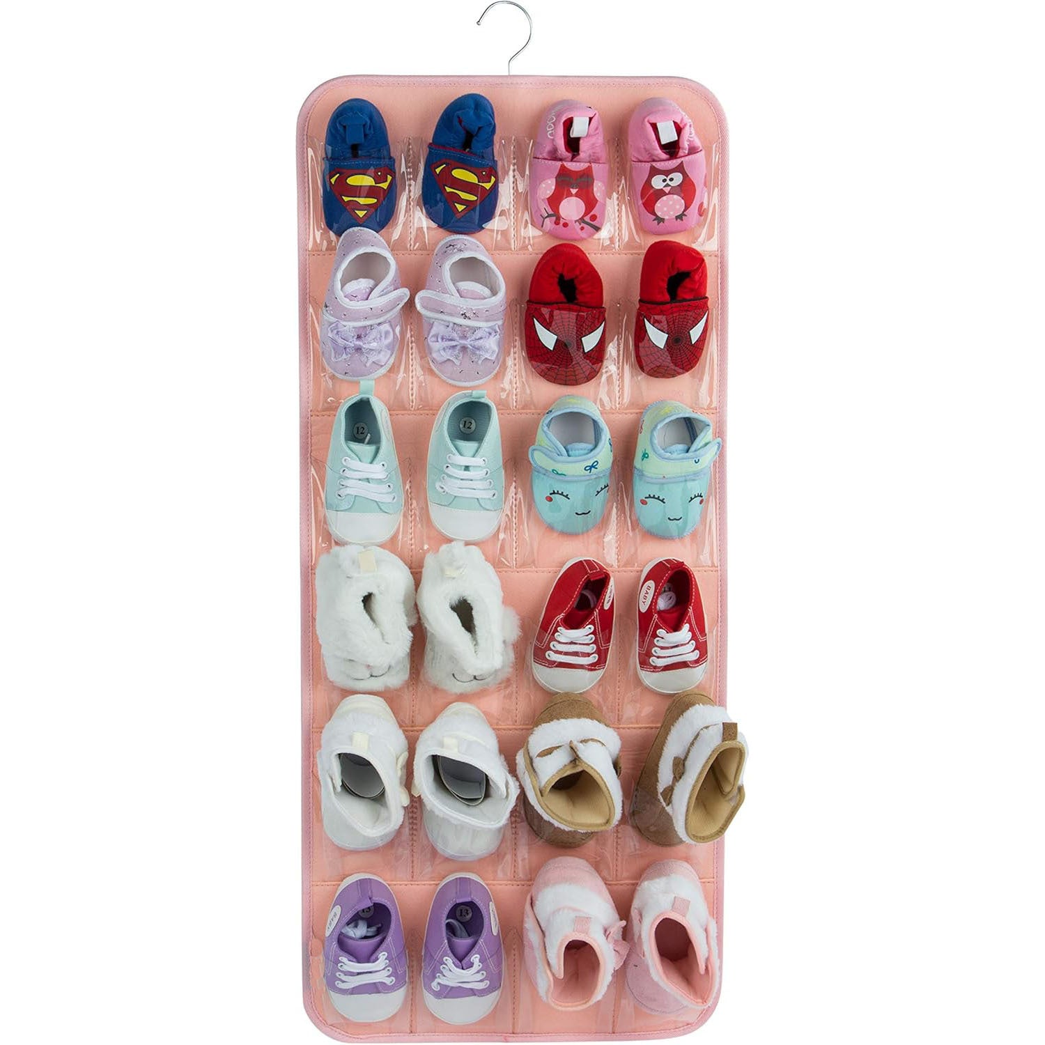 Pink Hanging Felt Shoe Organizer with 24 Clear Pockets - Anti-Rust Metal Hanger Included, Perfect for Shoes, Toys, and A