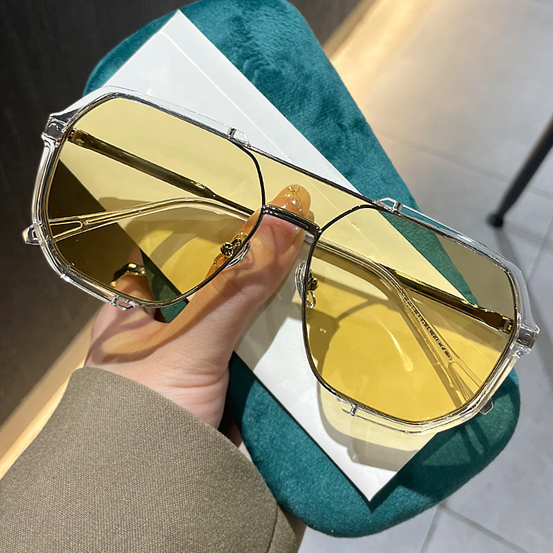 Transparent White and Yellow Tablets Unisex Oversized Aviator Metal Frame Sunglasses - Retro Fashion Eyewear with AC Len