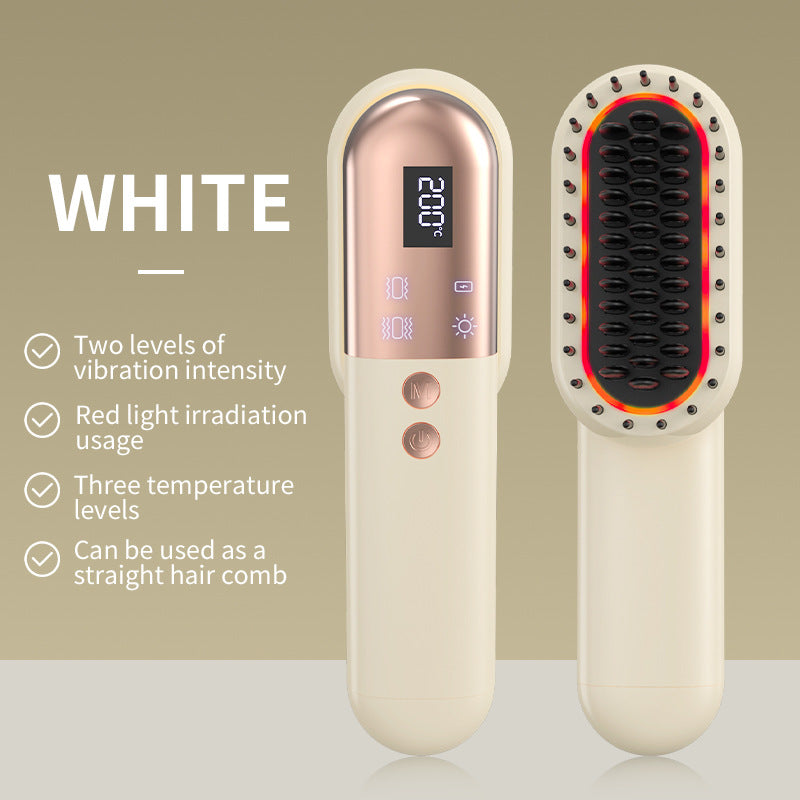 White Mini Rechargeable Ionic Hair Straightening Comb | Portable Wireless Vibration Massage Brush for Frizz-Free, Smooth
