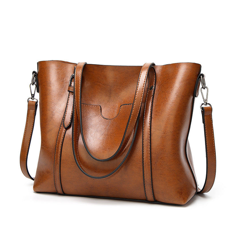 Brown Fashionable Soft Leather Women's Handbag, Large Capacity Shoulder & Crossbody Tote, Casual Bucket Bag