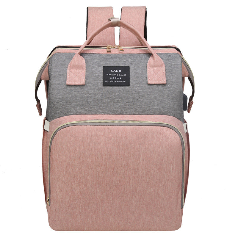 Pink Portable Mommy Bag with Baby Crib  Multi-Function Baby Diaper Backpack, Lightweight and Large Capacity for Moms