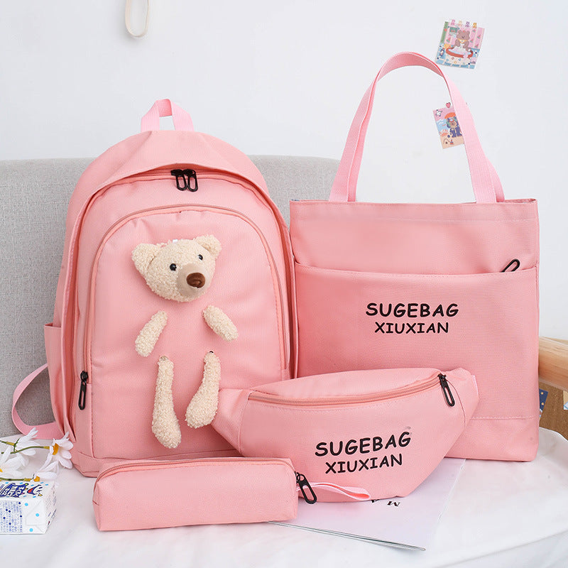 Pink Cute Little Bear Girls' Backpack Set  Korean Style Large Capacity School Bag for High School & Middle School Students, 4-Piece Set