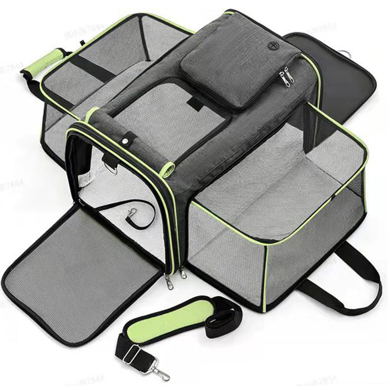 Gray Green Foldable Portable Pet Carrier Bag - Large Capacity Travel Backpack for Cats and Small Dogs, Expandable Car Pe