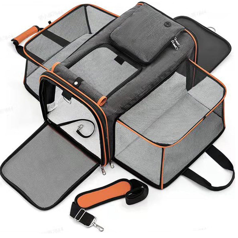 Gray Orange Foldable Portable Pet Carrier Bag - Large Capacity Travel Backpack for Cats and Small Dogs, Expandable Car P