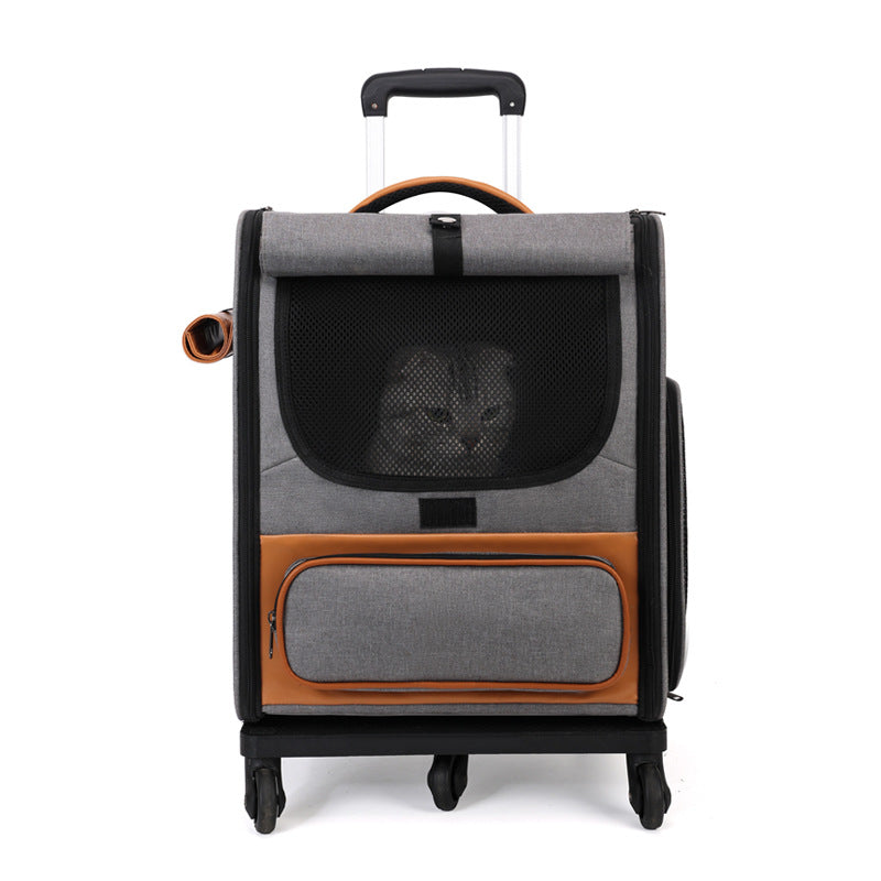 Grey Large Capacity Breathable Foldable Pet Trolley â€“ Travel Cat Carrier with Wheels, Portable, Spacious, and Convenie