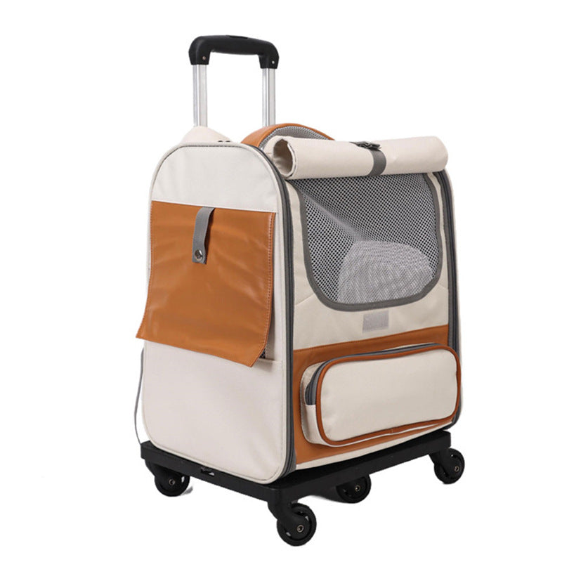 Off-white Large Capacity Breathable Foldable Pet Trolley - Travel Cat Carrier with Wheels, Portable, Spacious, and Conve