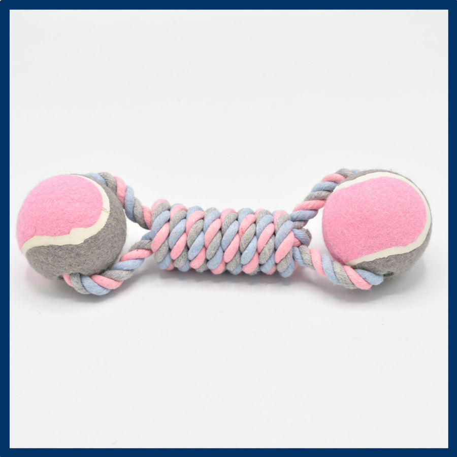 2 PCS Pink Durable Cotton Rope and Tennis Ball Dog Toy Set â€“ Chew Resistant Tug Toys with Rope Dumbbell â€“ Perfect fo