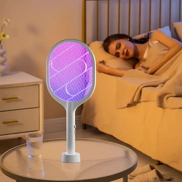 White Rechargeable Electric Mosquito Racket - 2-in-1 Mosquito Killer with Lithium Battery, Fly Swatter & Mosquito Zapper