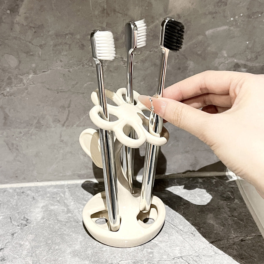 White Creative Ceramic Toothbrush Holder â€“ Makeup Brush & Eyebrow Pencil Organizer for Bathroom, Stylish and Practical