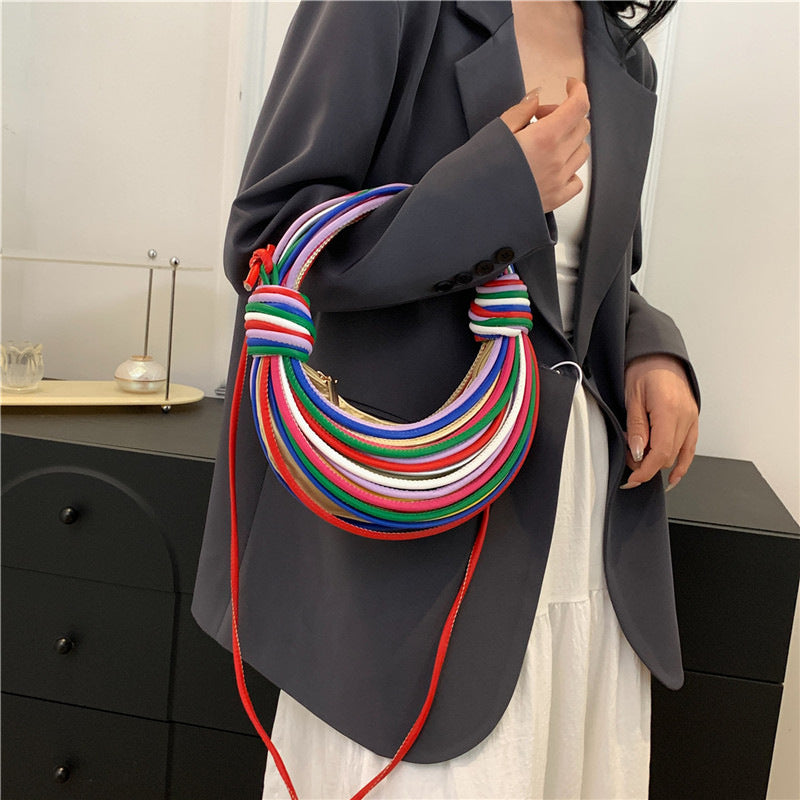 Multi-coloured Fashionable Candy Color Handbag â€“ Crossbody Womenâ€™s Woven Bag with Unique Line Design