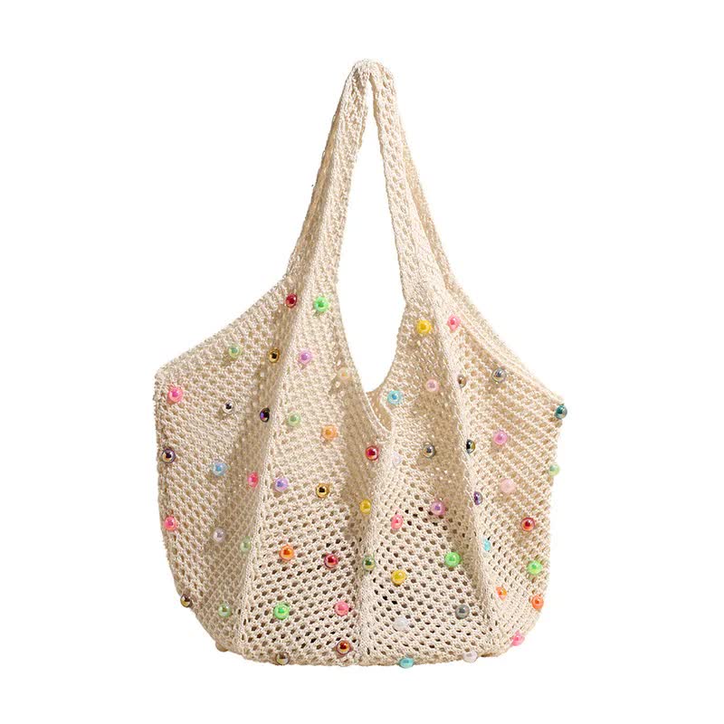 White Summer Woven Handbag â€“ Hollow Straw Beach Tote with Colorful Beads, Lazy Style, Large Capacity Shoulder Bag for 