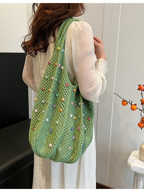 Green Summer Woven Handbag - Hollow Straw Beach Tote with Colorful Beads, Lazy Style, Large Capacity Shoulder Bag for Va