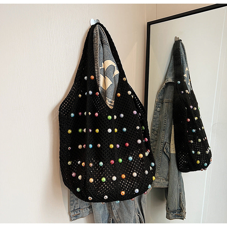 Black Summer Woven Handbag - Hollow Straw Beach Tote with Colorful Beads, Lazy Style, Large Capacity Shoulder Bag for Va