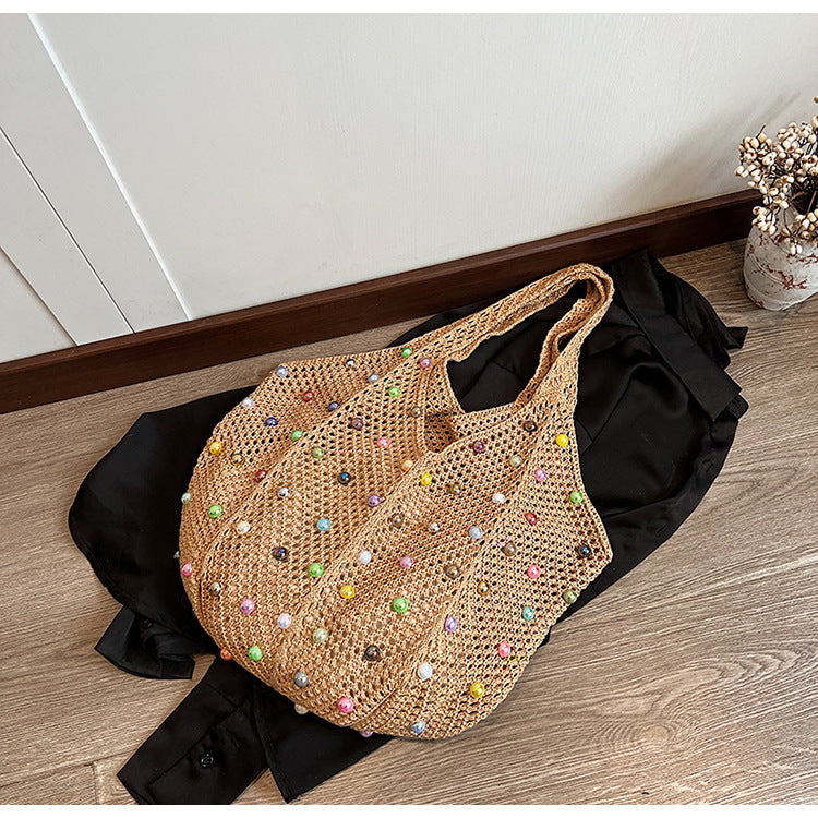 Brown Summer Woven Handbag - Hollow Straw Beach Tote with Colorful Beads, Lazy Style, Large Capacity Shoulder Bag for Va