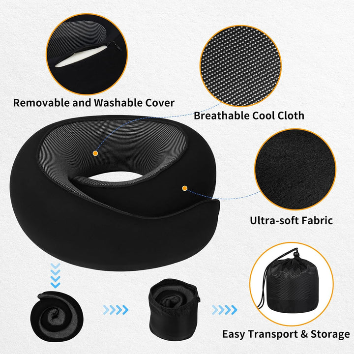Black Velcro Tape Memory Foam U-Shaped Neck Pillow â€“ Snail Travel Cushion for Airplane, Office Nap, and Travel â€“ Adj