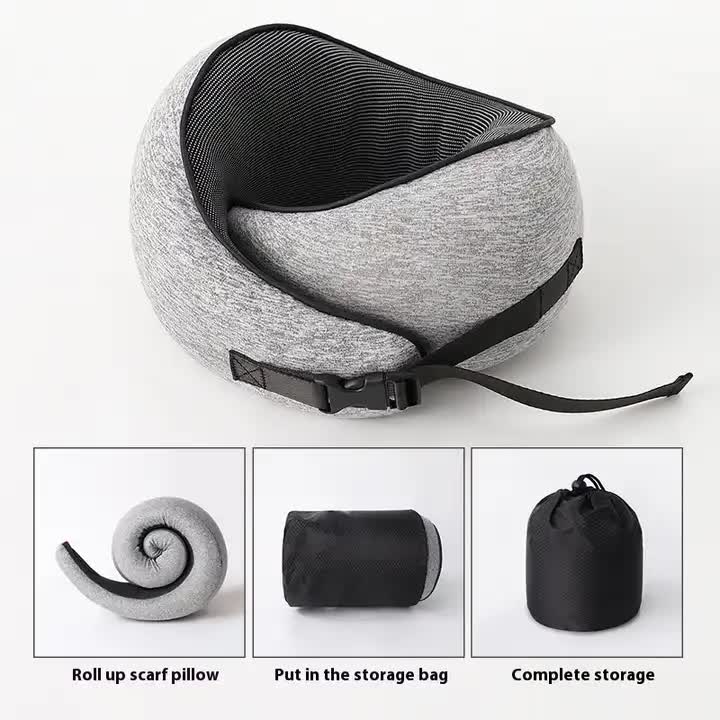 Light Gray Buckle Tape Memory Foam U-Shaped Neck Pillow - Snail Travel Cushion for Airplane, Office Nap, and Travel - Ad