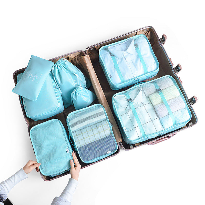 Light Blue 8-Piece Travel Organizer Set â€“ Packing Bags for Clothes, Shoes, Underwear, and Toiletries with Drawstring a